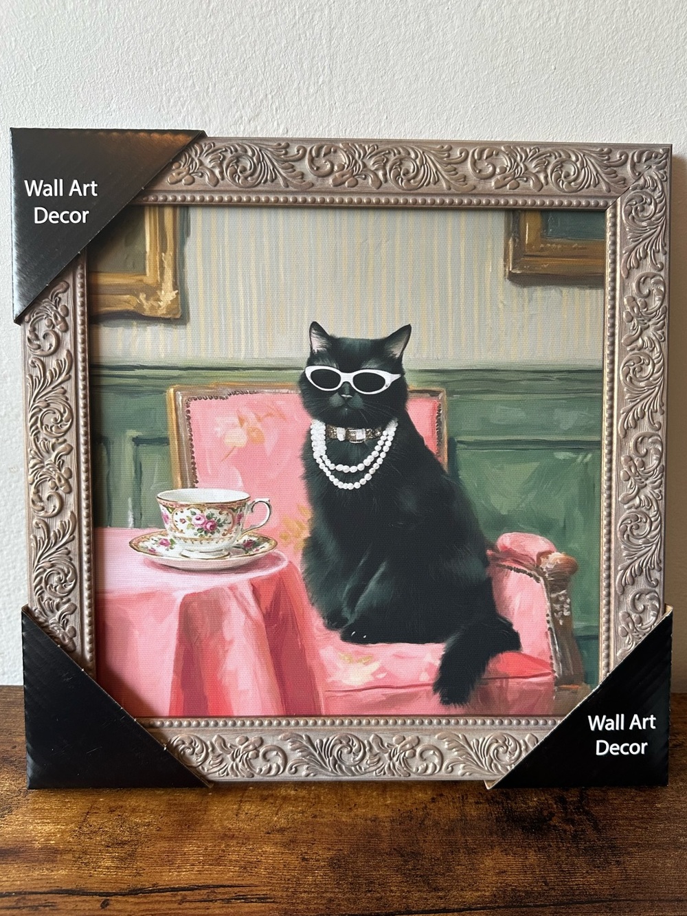 Framed Black Cat with Pearls & Sunglasses Wall Art Decor with Pink Accents NEW